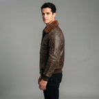 Men's Military Brown Leather Bomber Jacket - Leather Outlet