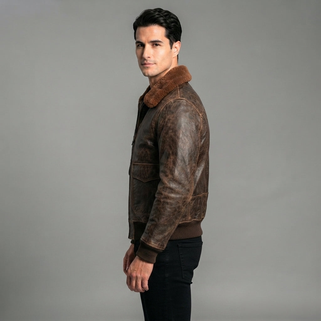 Men's Military Brown Leather Bomber Jacket - Leather Outlet