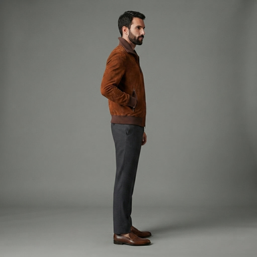 Men's Suede Blouson Long Sleeve Leather Jacket - Leather Outlet