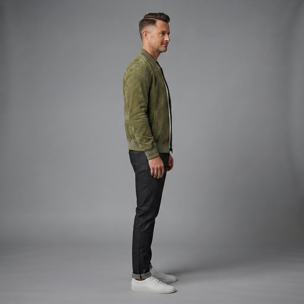 Men's Olive Green Suede Leather Bomber Jacket - Leather Outlet
