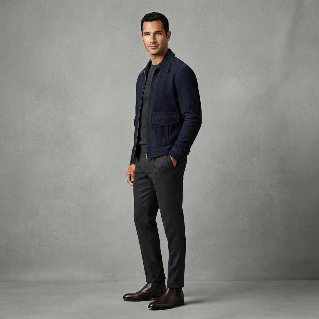 Men's Navy Suede Bomber Jacket - Leather Outlet
