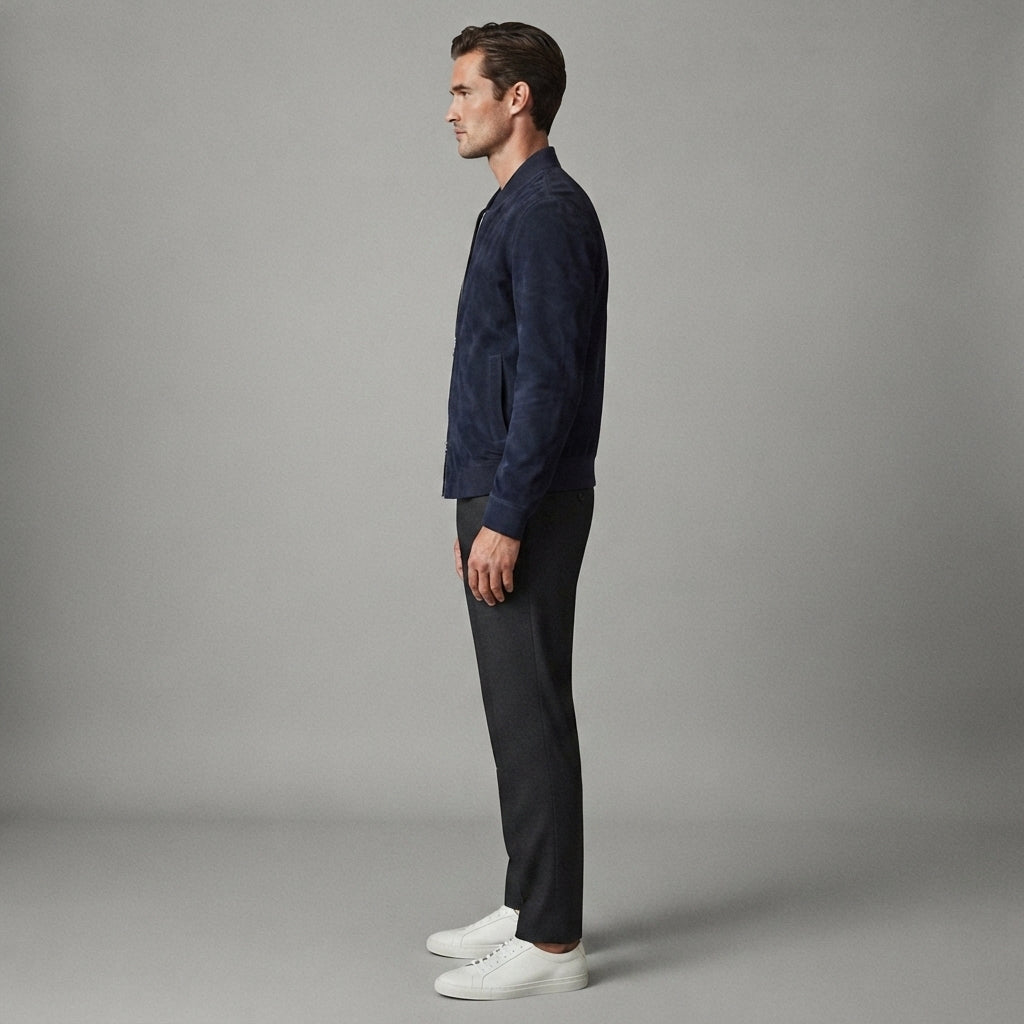 Men's Dark Blue Suede Bomber Jacket - Leather Outlet