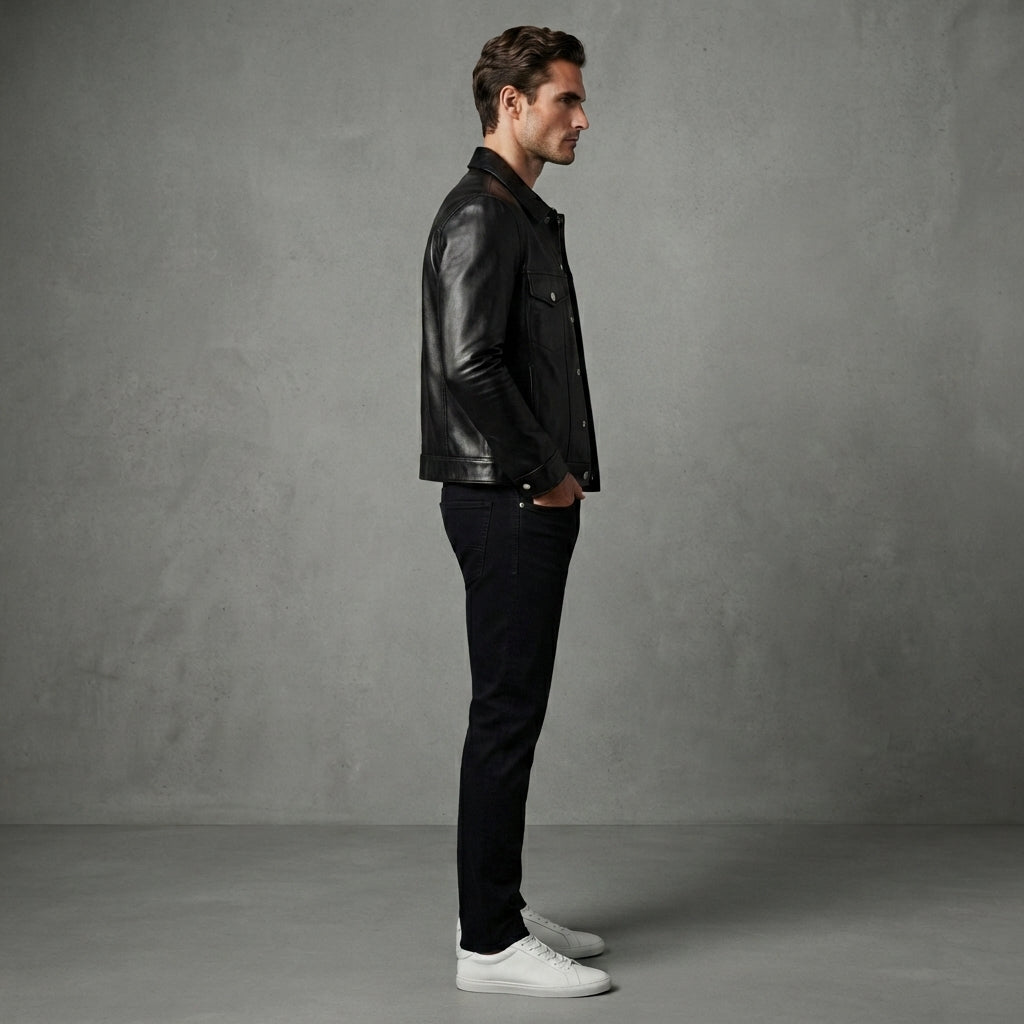 Men's Leather Button-Up Trucker Jacket - Leather Outlet