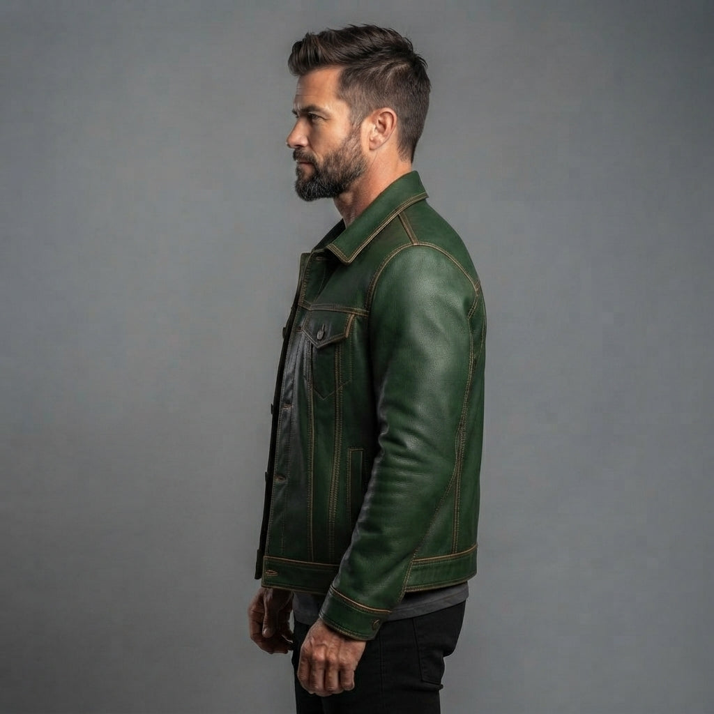 Men's Green Leather Biker Jacket - Leather Outlet