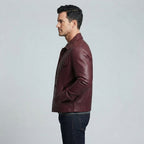 Men's Burgundy Trucker Leather Jacket - Leather Outlet