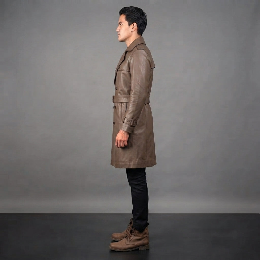 Men's Brown Leather Duster Coat - Leather Outlet