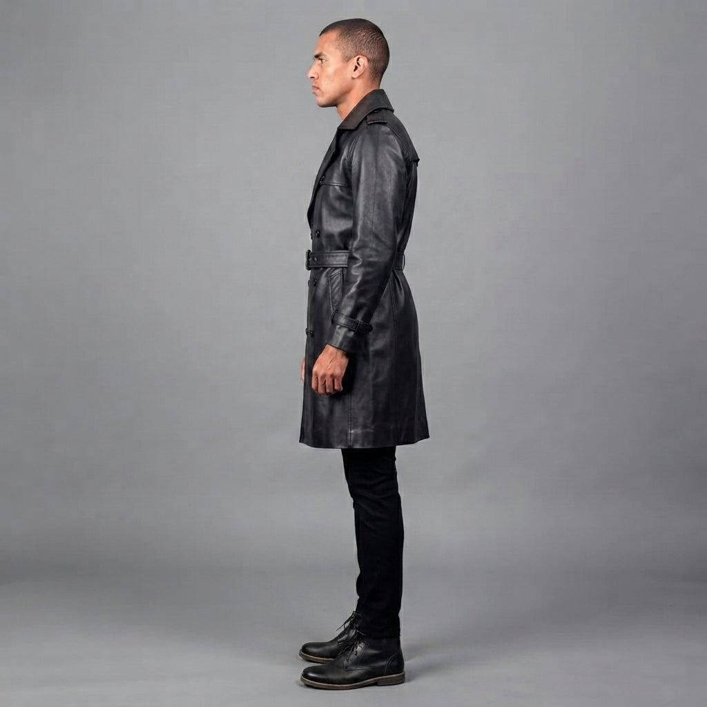 Men's Black Leather Duster Coat - Leather Outlet