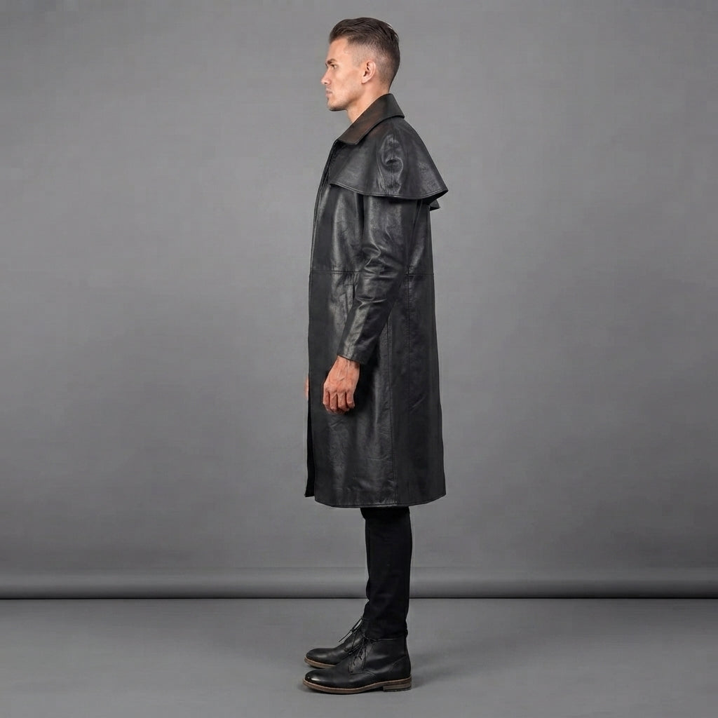 Men's Black Leather Duster Coat Long - Leather Outlet