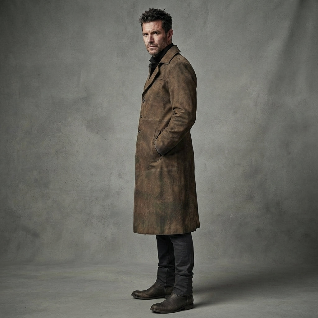 Men's Army Brown Leather Duster Coat - Leather Outlet