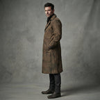 Men's Army Brown Leather Duster Coat - Leather Outlet