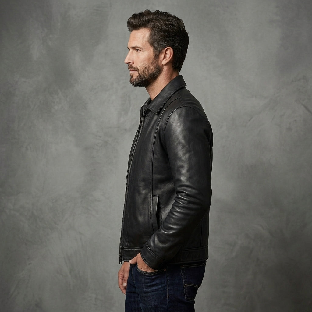 Men's Casual Black Leather Jacket - Leather Outlet