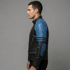 Men's Black Leather Jacket With Blue Shoulder - Leather Outlet