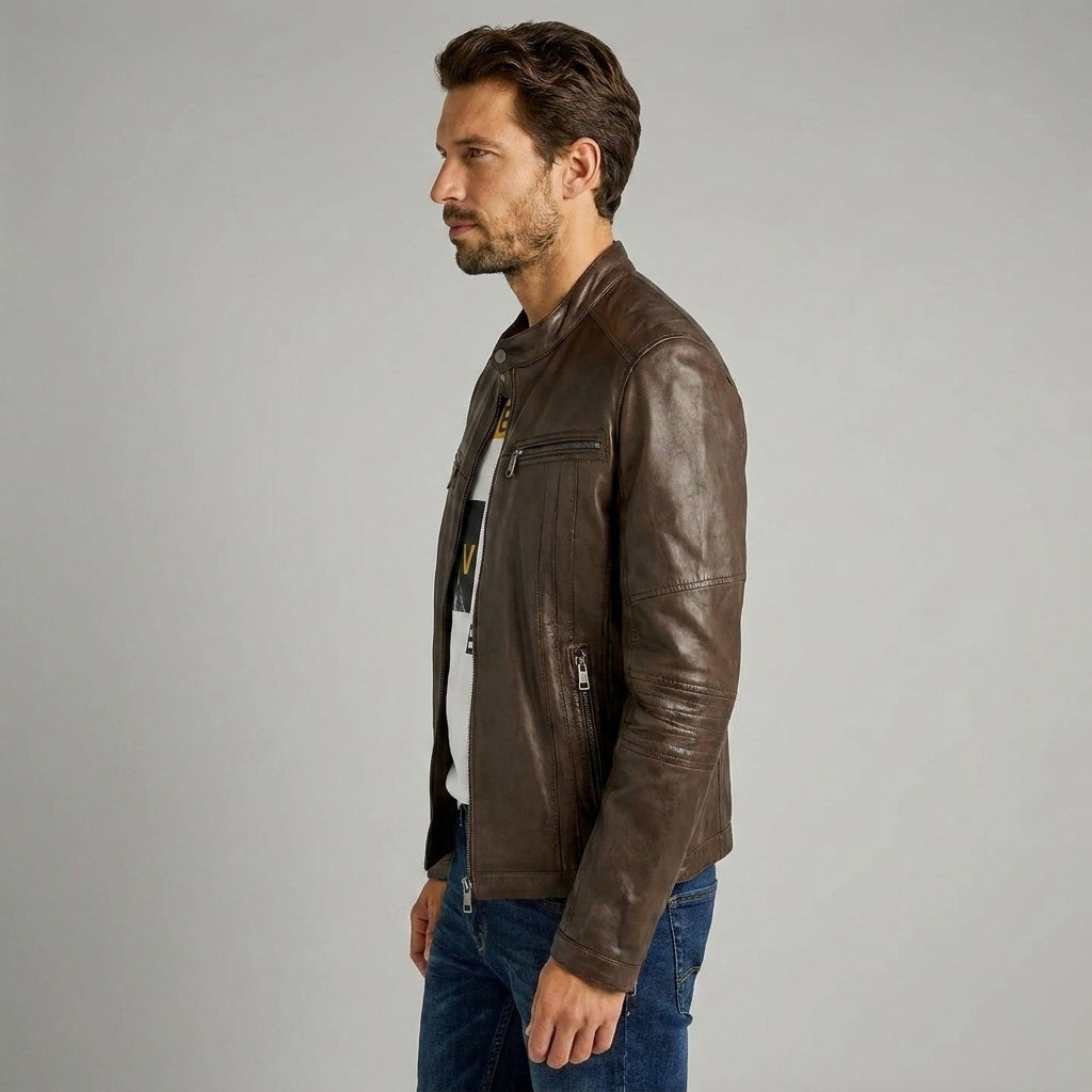 Men's Slim Fit Brown Leather Jacket - Leather Outlet