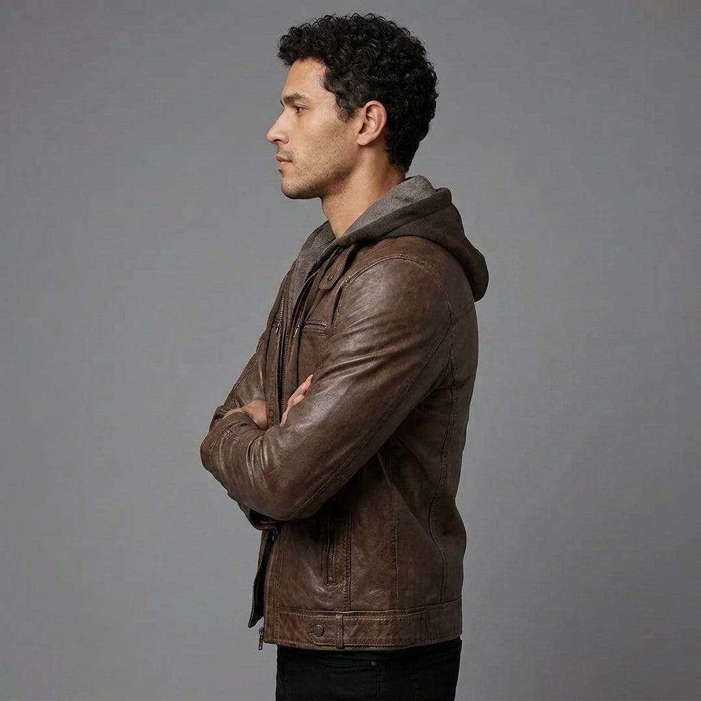 Men's Hooded Brown Leather Jacket - Leather Outlet