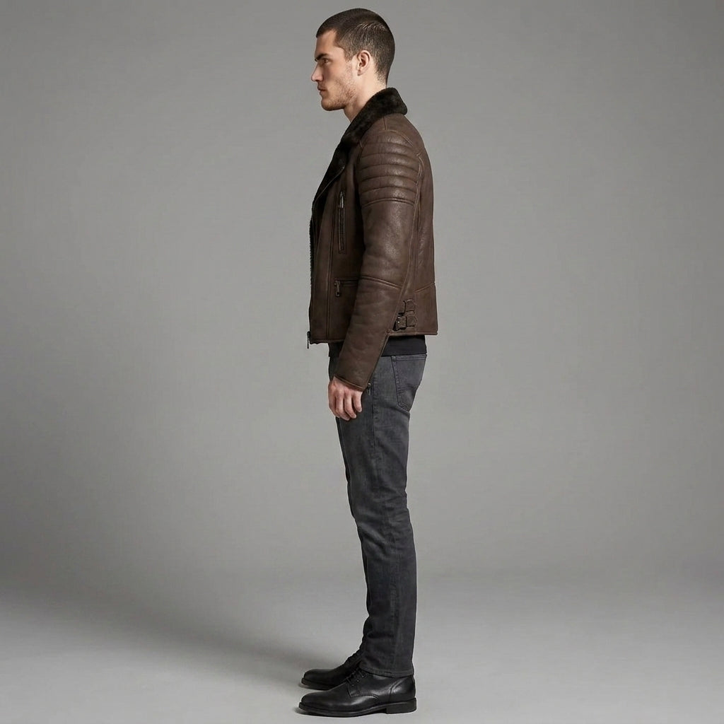 Men's Brown Sheepskin Cafe Racer Leather Jacket - Leather Outlet