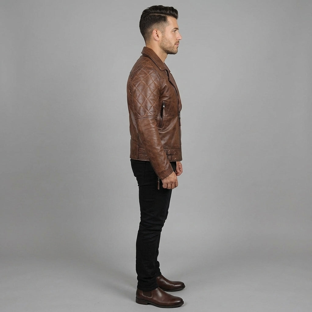 Men's Brown Brando Biker Leather Jacket - Leather Outlet