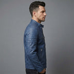 Men's Blue Cafe Racer Leather Jacket - Leather Outlet