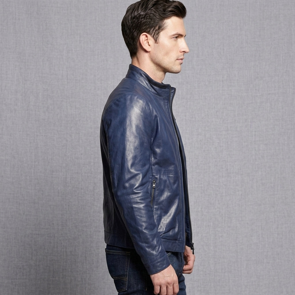 Men's Navy Blue Leather Jacket - Leather Outlet