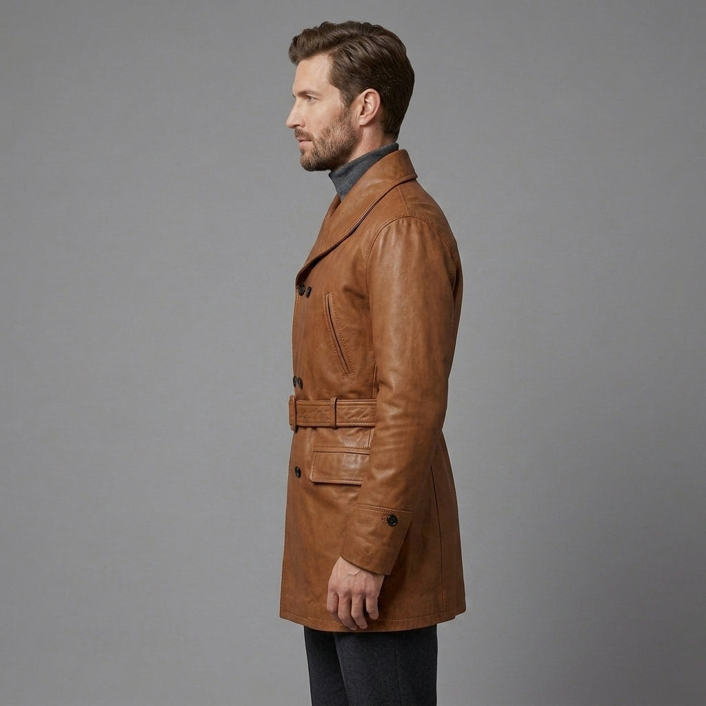 Men's Light Brown Leather Trench Coat - Leather Outlet
