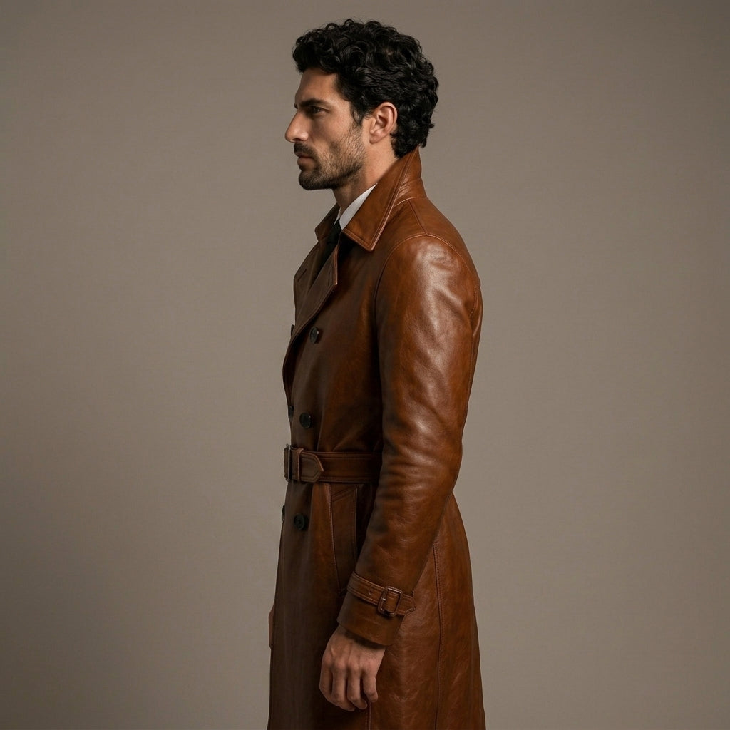 Men's Shiny Brown Leather Trench Coat - Leather Outlet