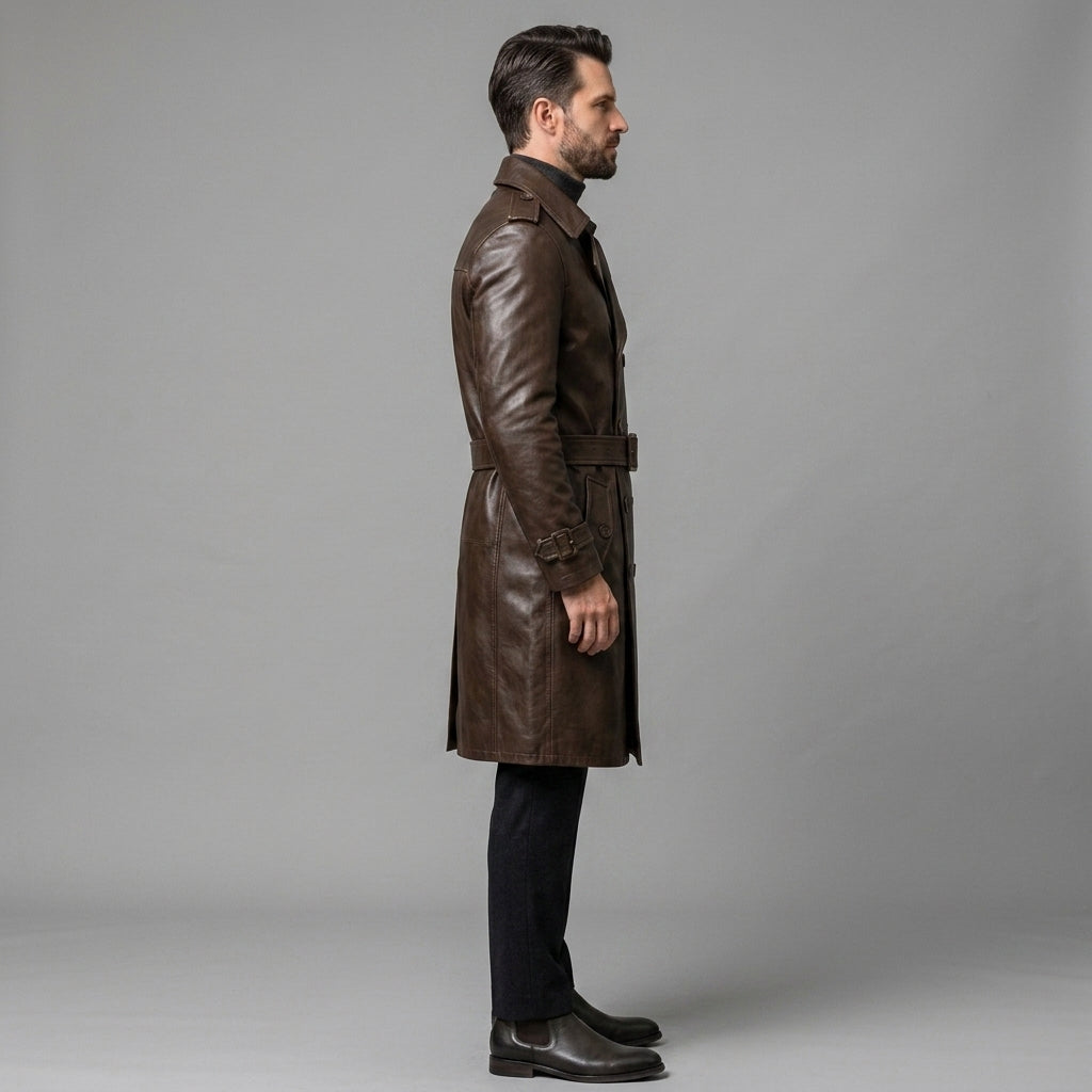 Men's Chocolate Brown Leather Trench Coat - Leather Outlet