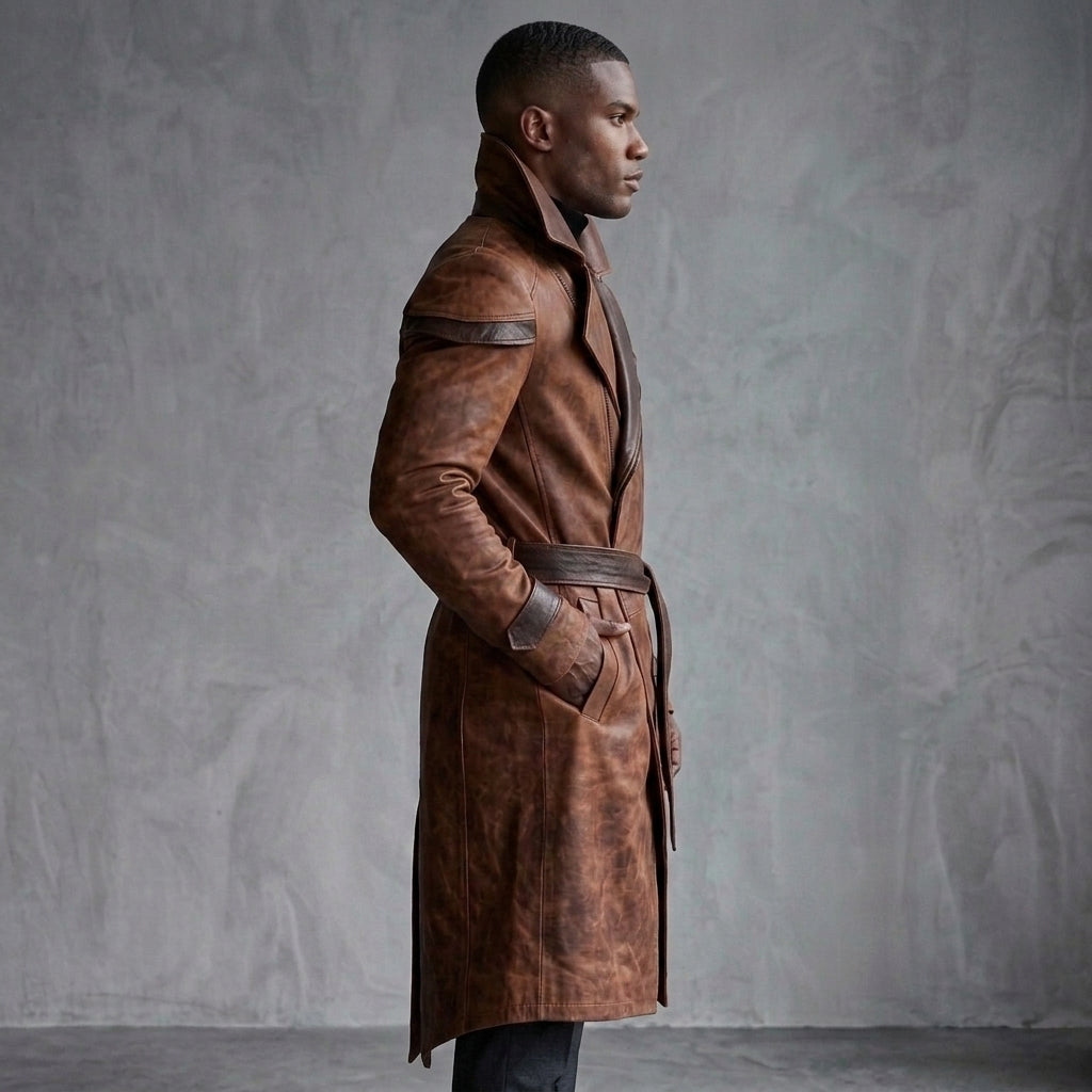 Men's Dark Brown Leather Trench Coat - Leather Outlet