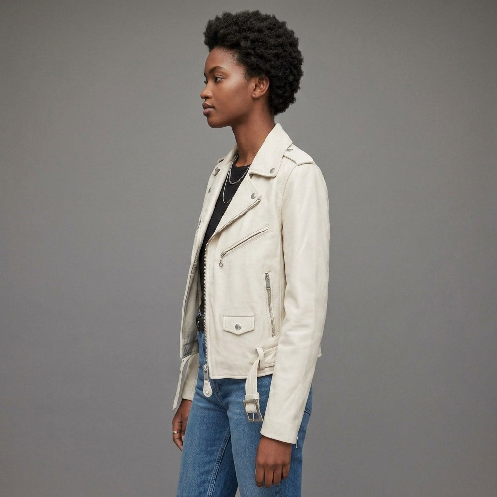 Women's White Leather Moto Jacket