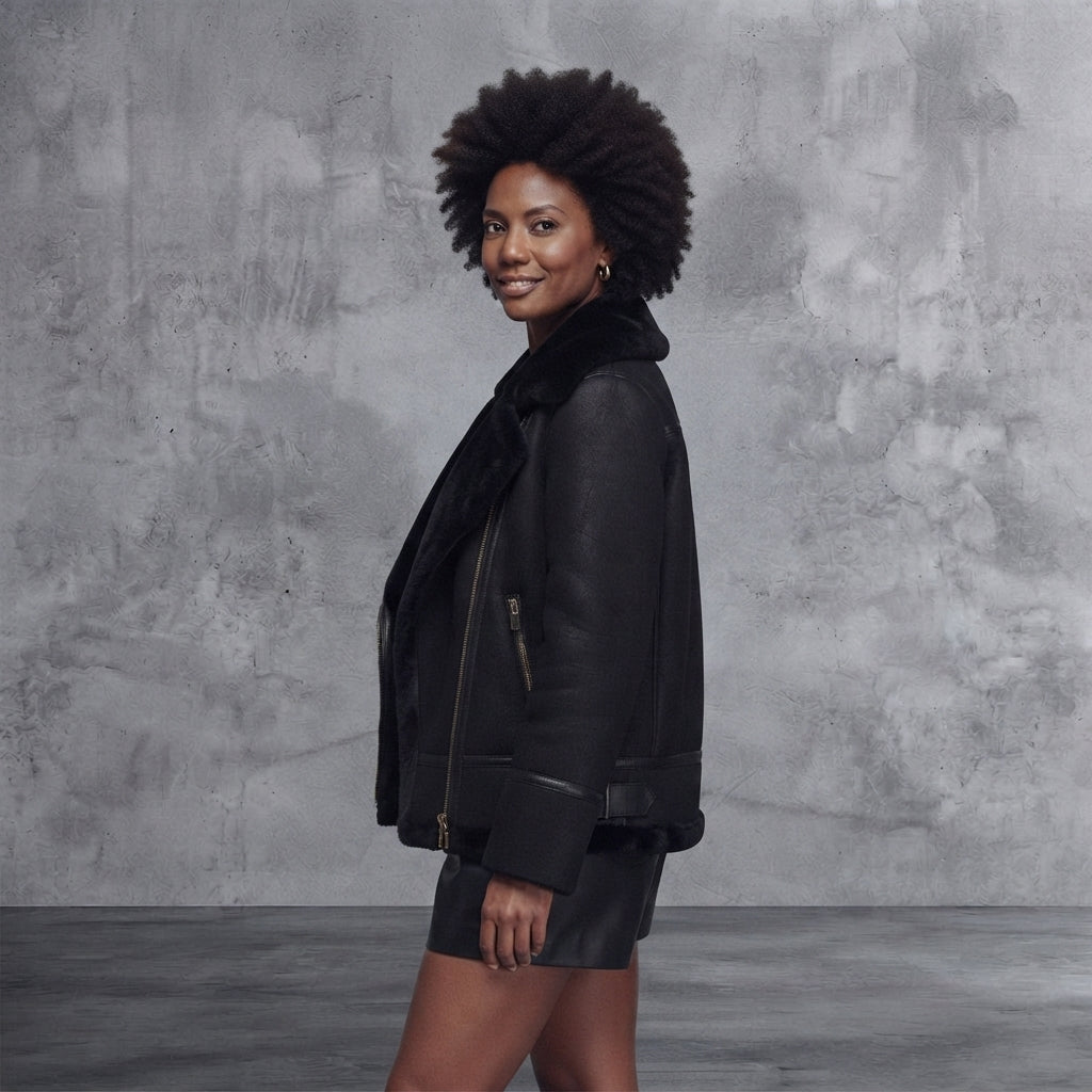 Women's Black Shearling Jacket with Fur Collar