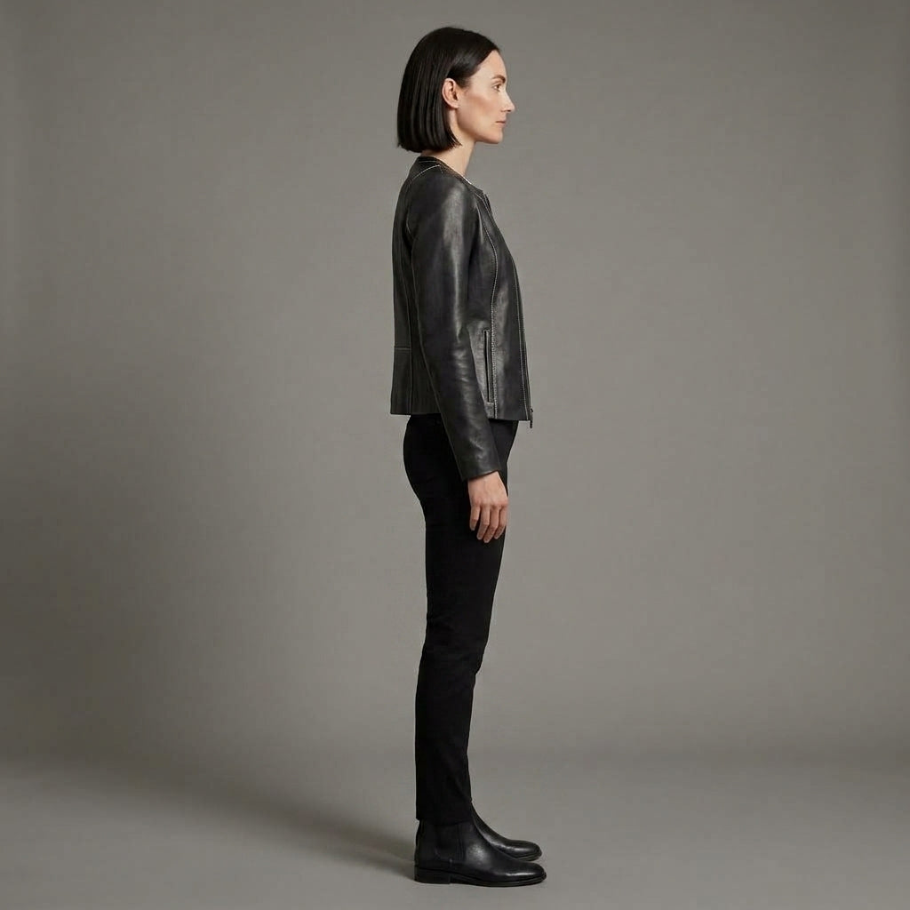 Women's Black Collarless Leather Jacket