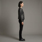 Women's Black Collarless Leather Jacket