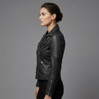 Women's Black Ribbed Sleeve Leather Biker Jacket