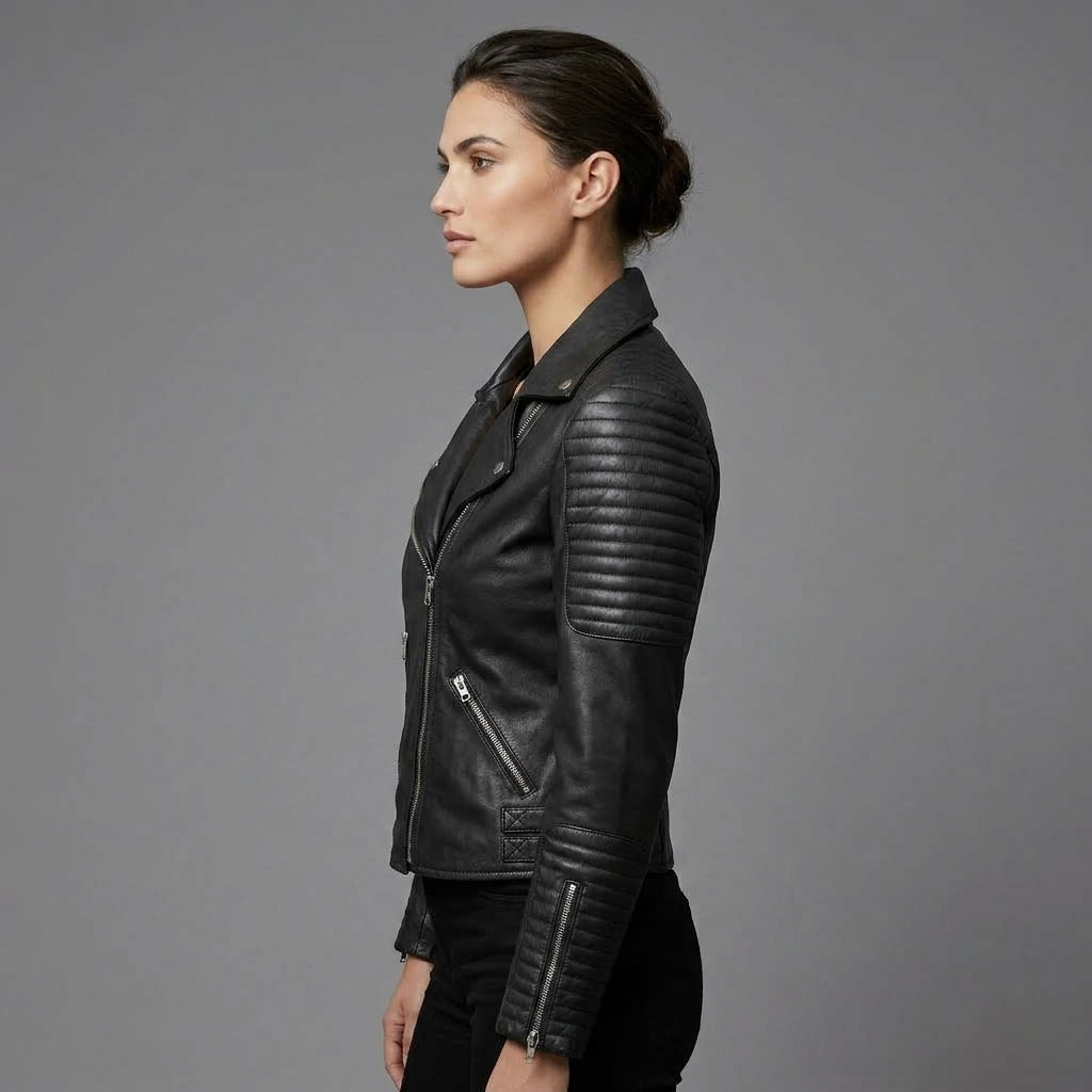 Women's Black Ribbed Sleeve Leather Biker Jacket