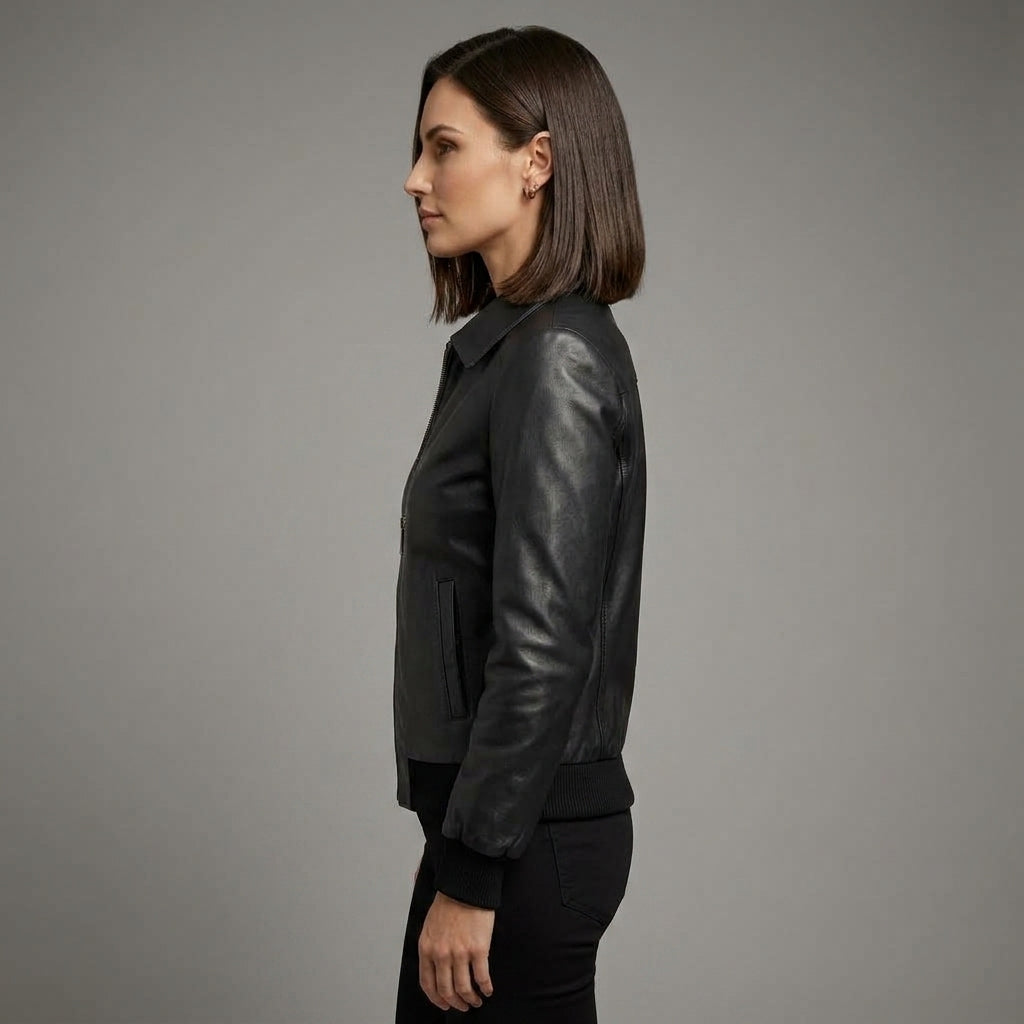 Women's Black Leather Bomber Jacket