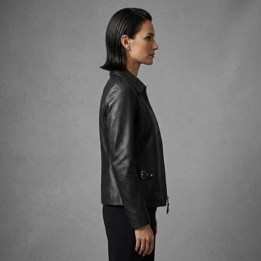 Women's Black Shirt Collar Leather Jacket