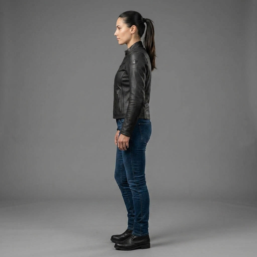 Women's Black Stand Collar Leather Jacket