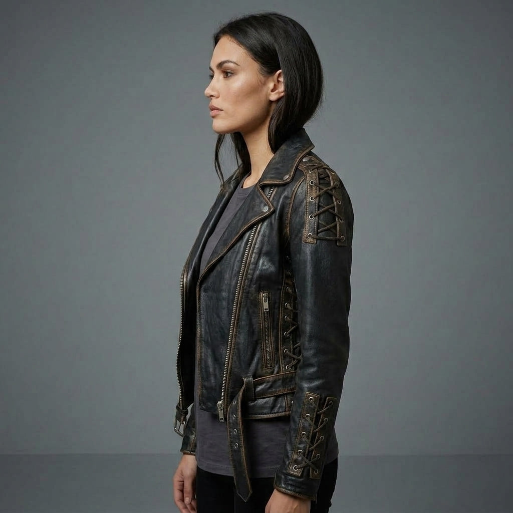 Women's Black Vintage Leather Biker Jacket