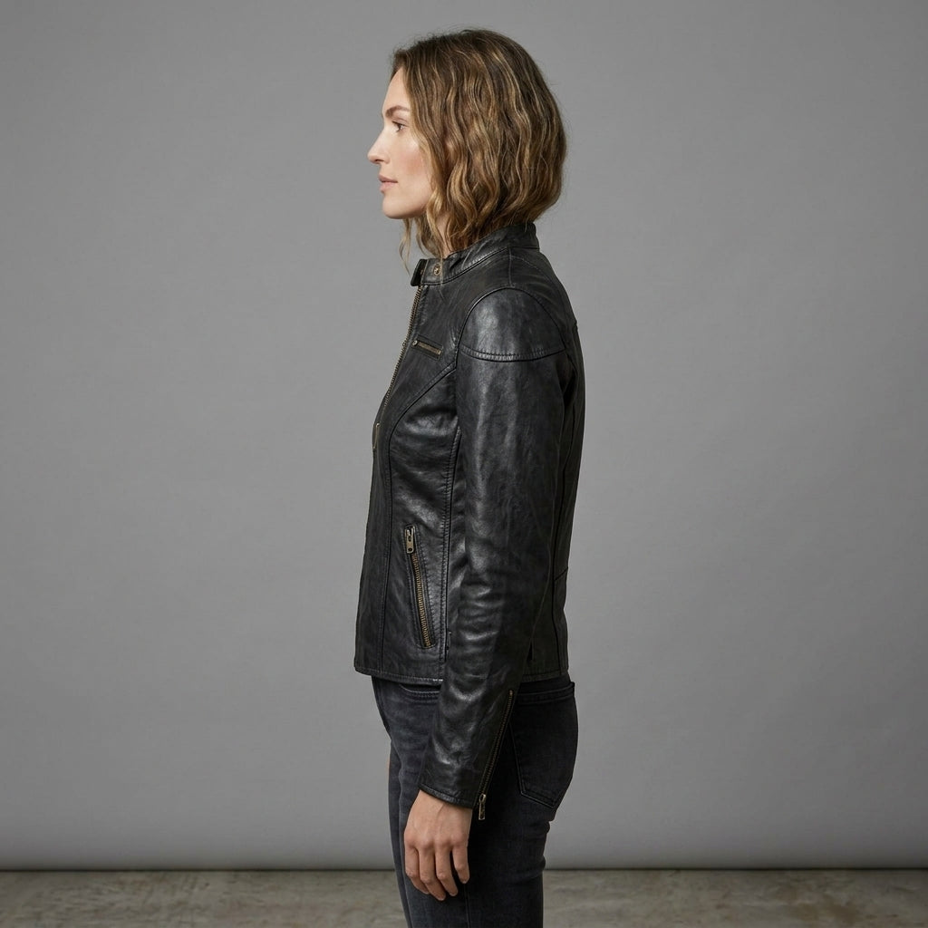 Women's Black Cafe Racer Leather Jacket