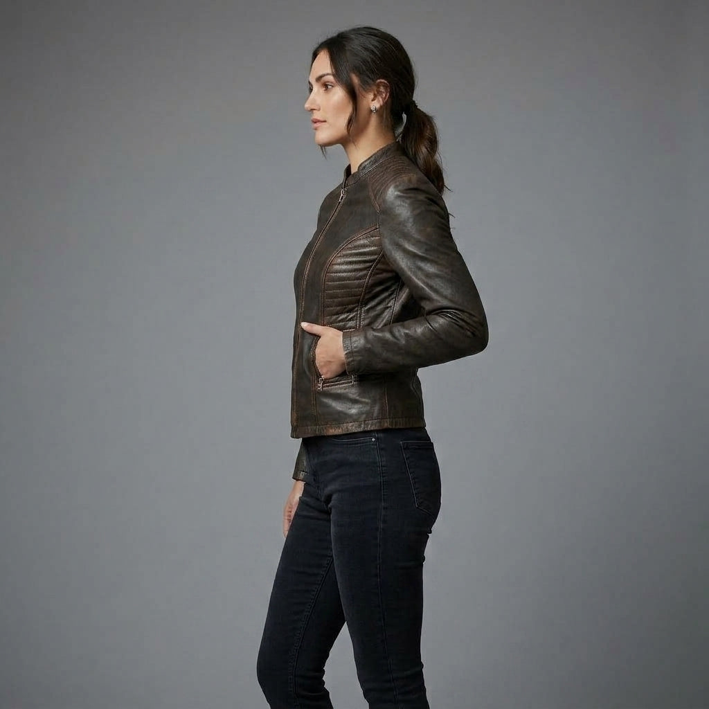 Women's Dark Brown Vintage Racer Leather Jacket