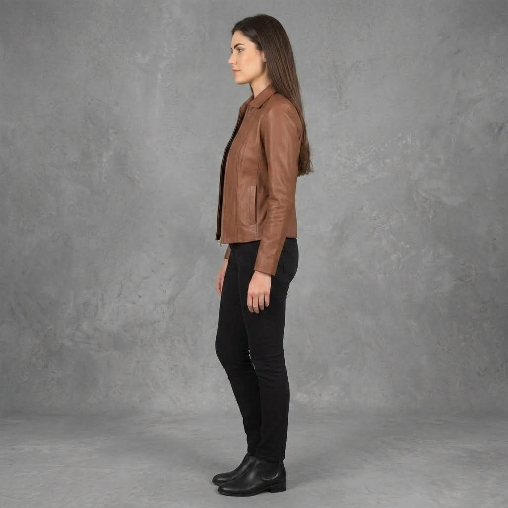 Women's Tan Leather Racer Jacket