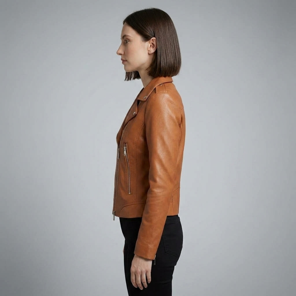 Women's Cognac Leather Biker Jacket