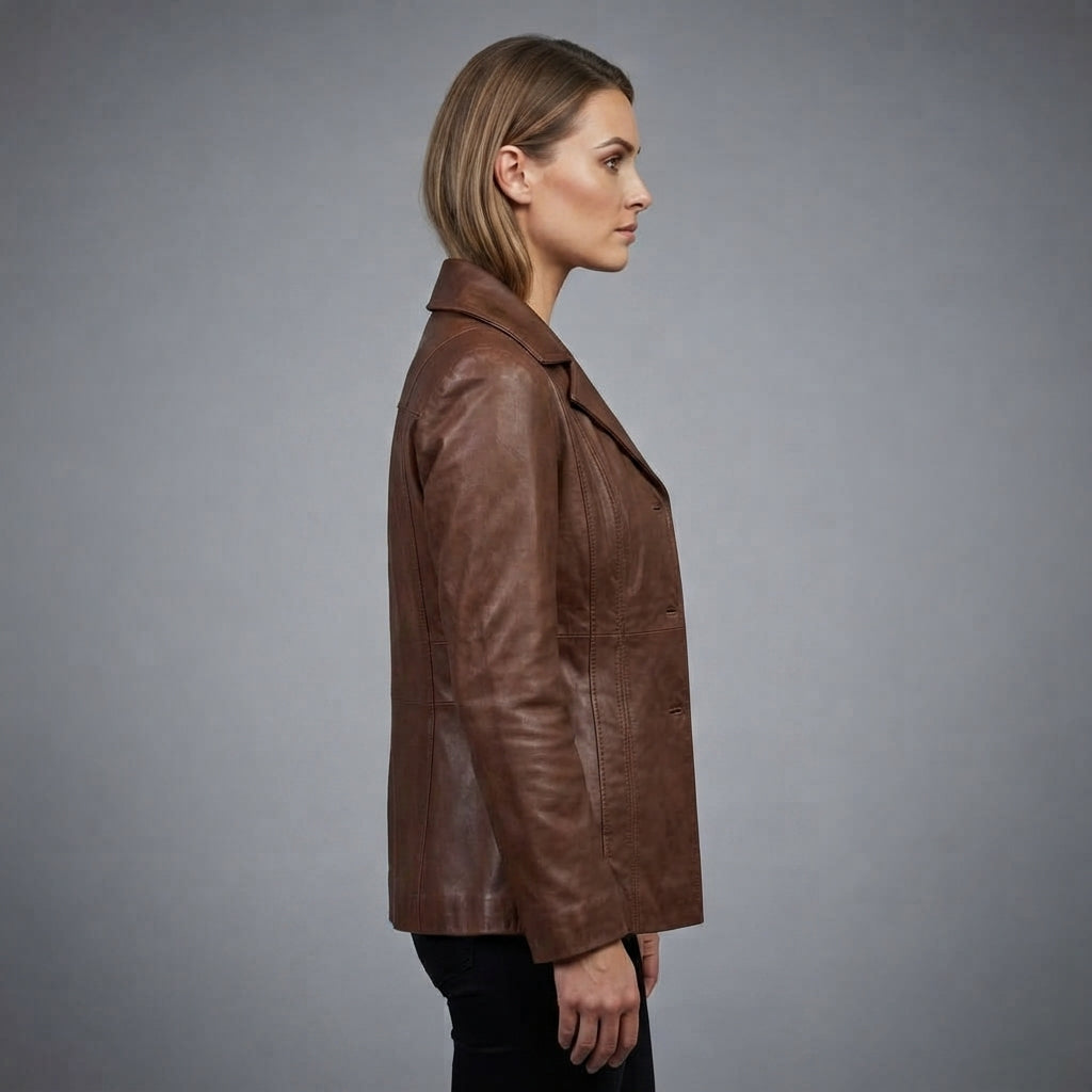 Women's Dark Brown Leather Blazer Coat