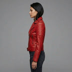 Women's Bright Red Leather Biker Jacket