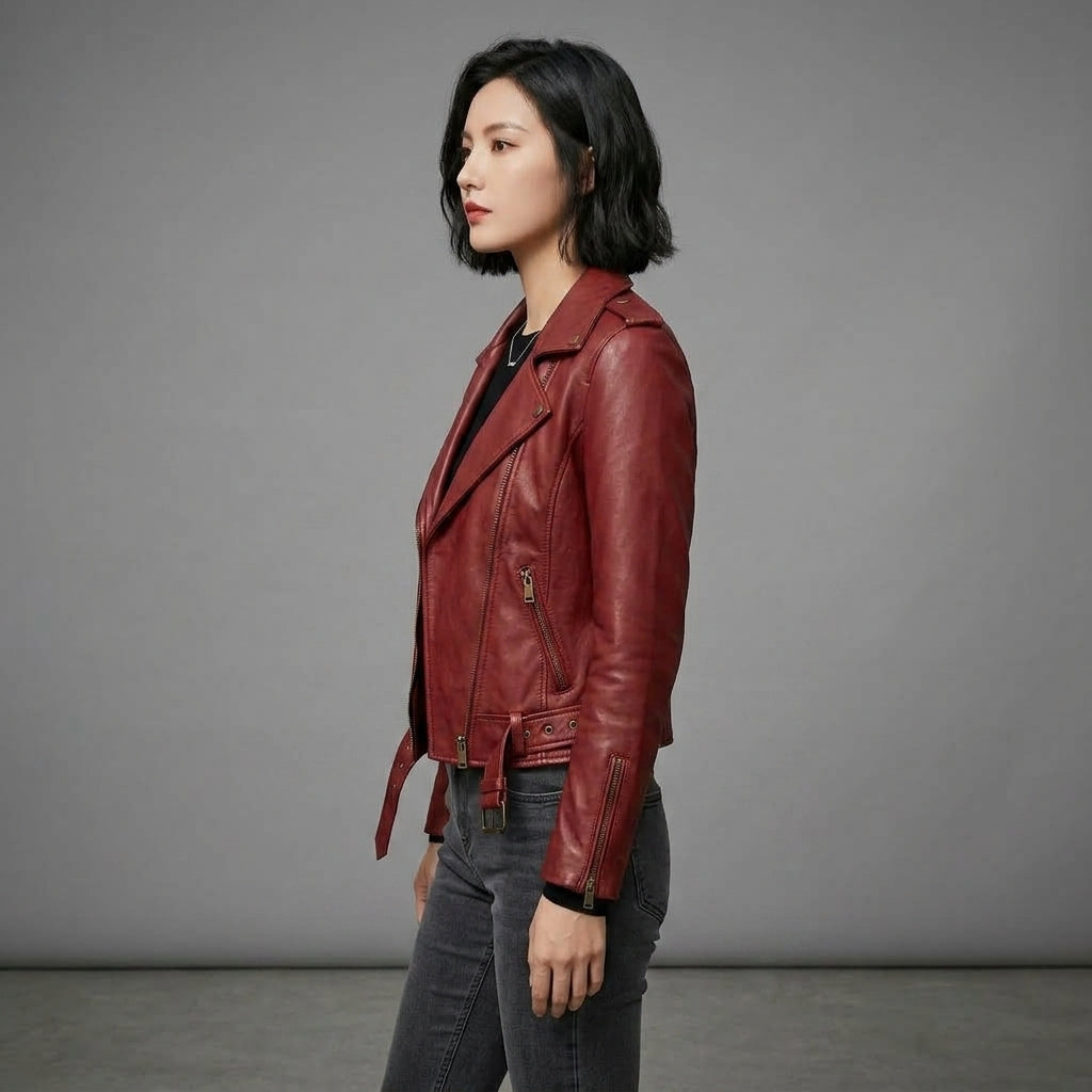Women's Cropped Burgundy Leather Moto Jacket