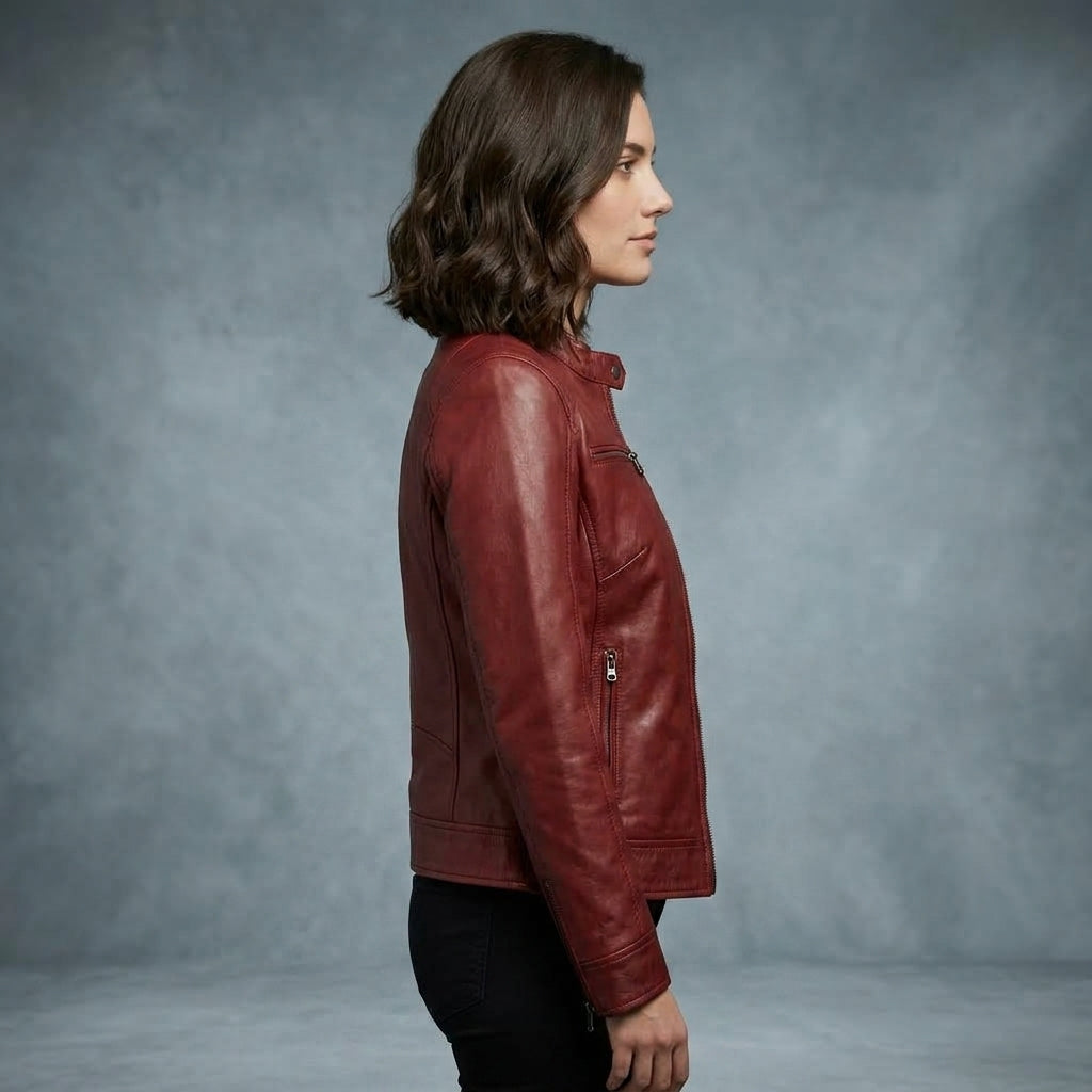 Women's Burgundy Cafe Racer Leather Jacket
