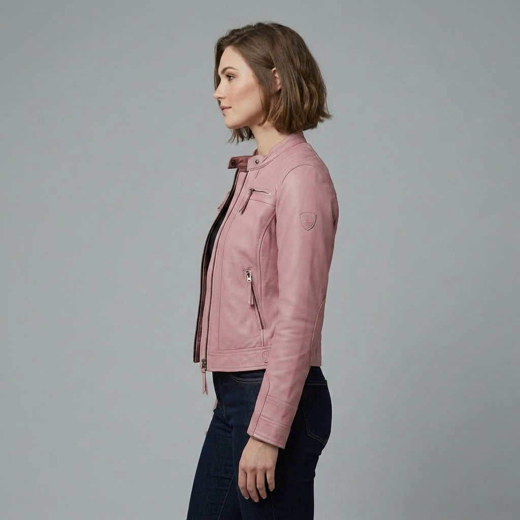 Women's Pink Cafe Racer Leather Jacket
