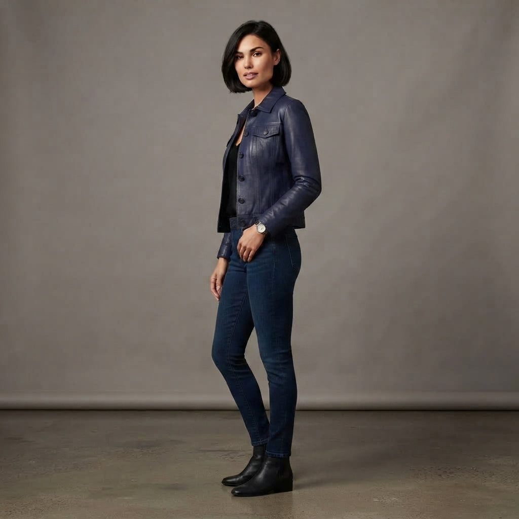 Women's Midnight Blue Cropped Leather Jacket