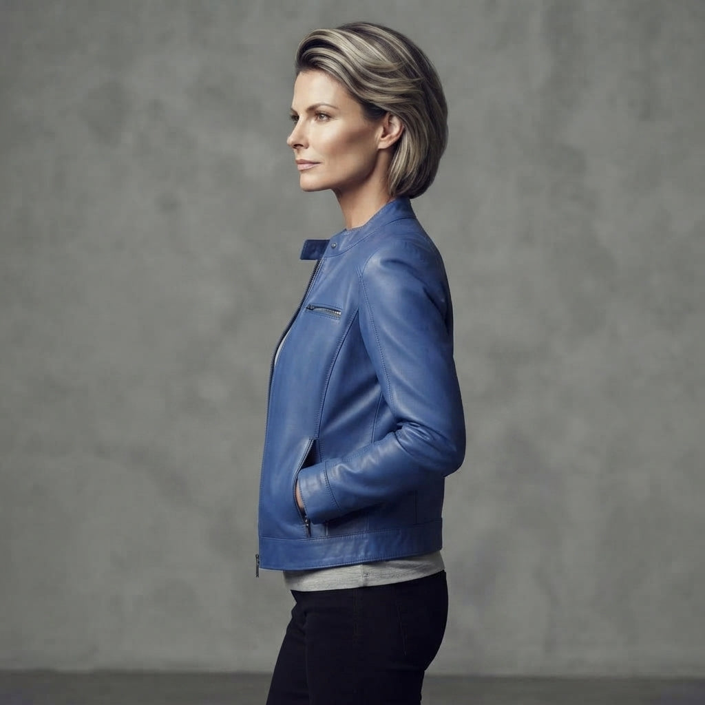 Women's Bright Blue Cafe Racer Leather Jacket