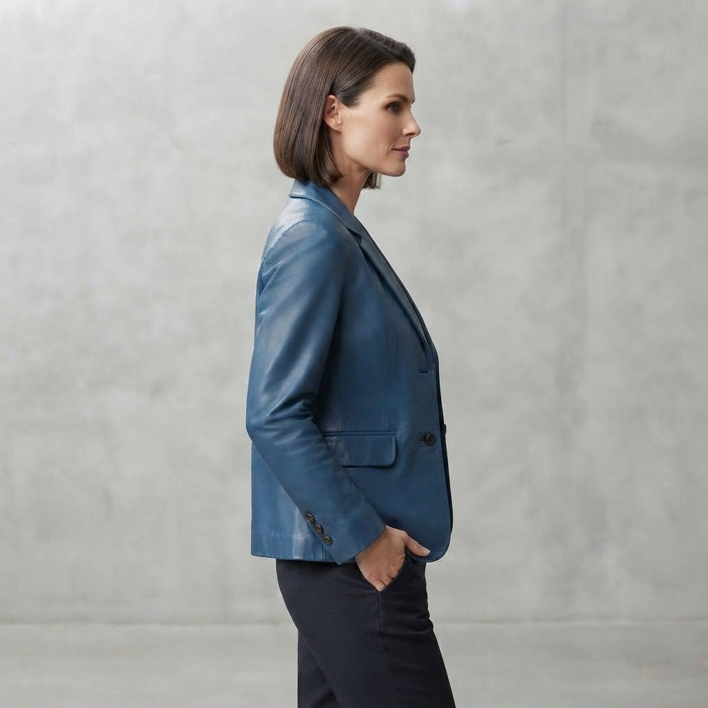 Women's Navy Leather Blazer Jacket