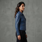 Women's Steel Blue Leather Biker Jacket