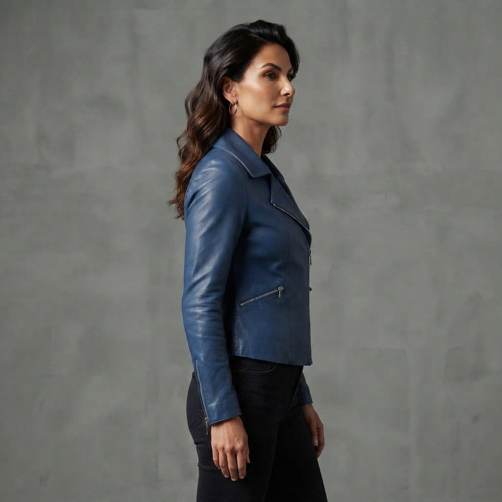 Women's Steel Blue Leather Biker Jacket